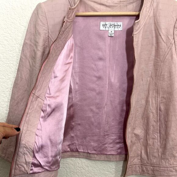 St. John Collection Pink Lamb Leather Jacket Silk Lined Croc Embossed Size 10 - Picture 9 of 15